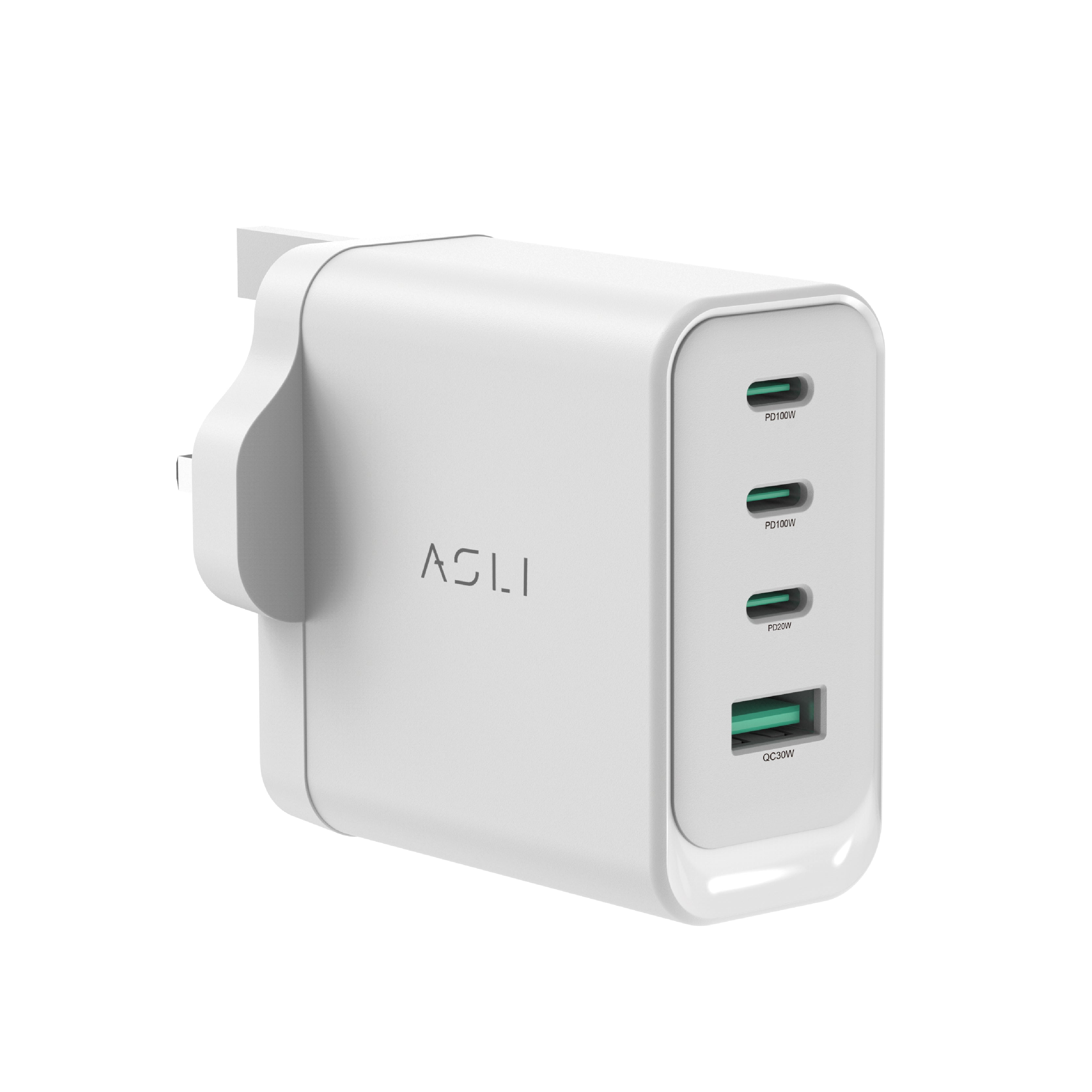 شاحن حائط فائق السرعة من أسلي جلوبال 100 واط بأربعة منافذ USB بتقنية GaN , PD | أبيض شاحن حائط فائق السرعة من أسلي جلوبال 100 واط بأربعة منافذ USB بتقنية GaN , PD | أبيض